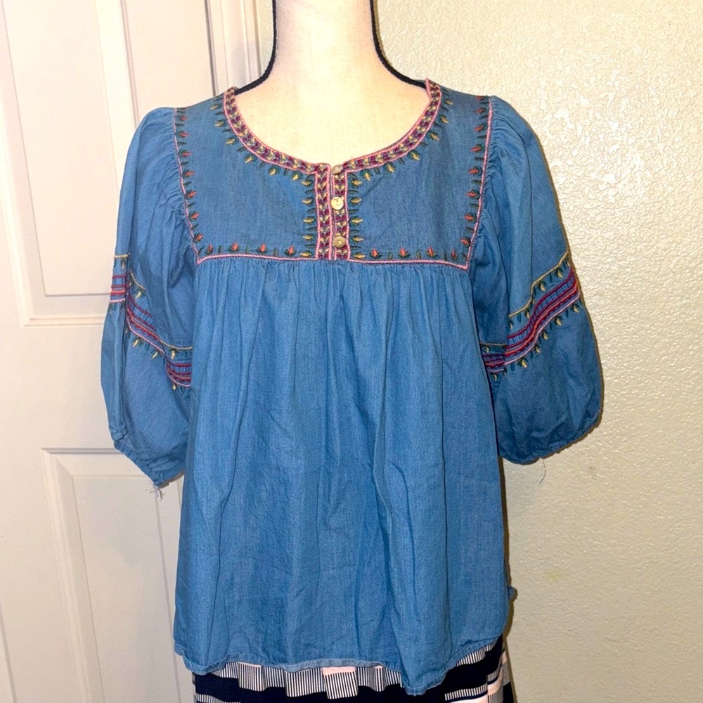 Chic Denim Blue Embroidered Blouse